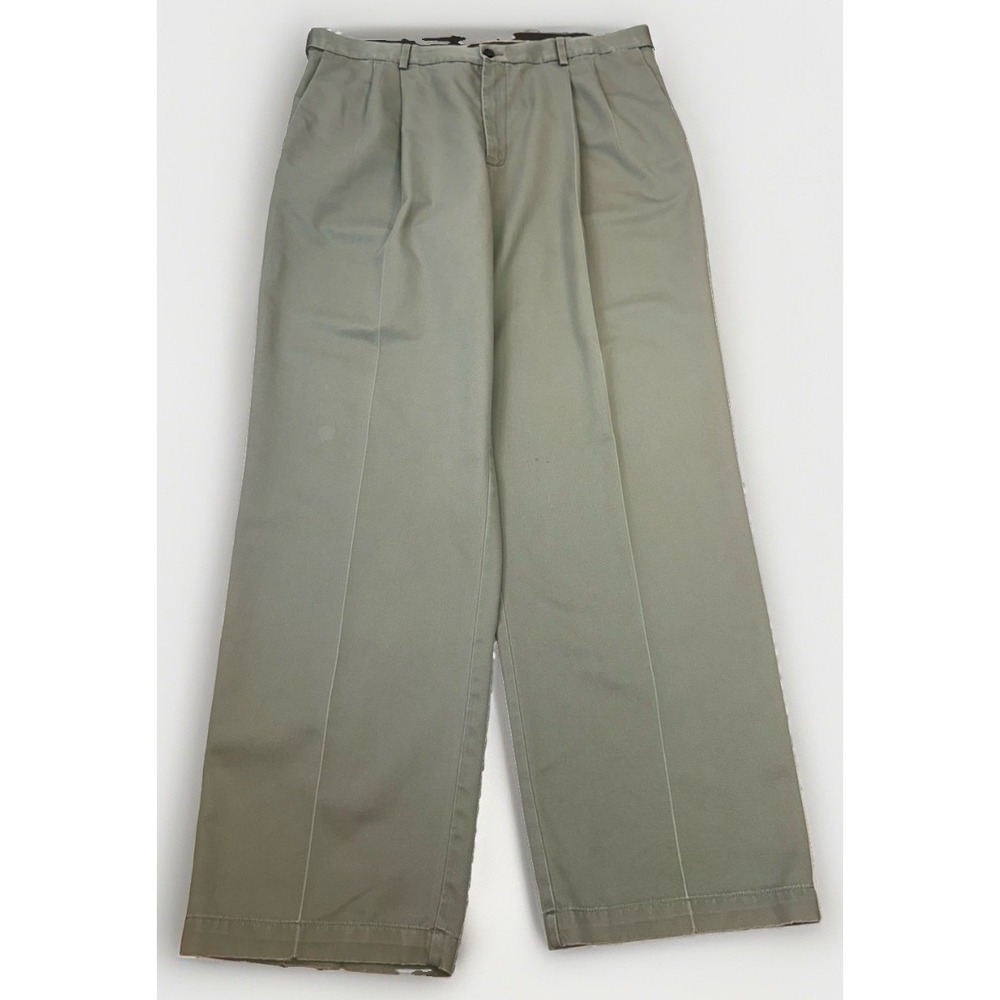 Haggar Premium Comfort Pleated Chino Pants Mens 38x32 Olive Green Cotton FLAW